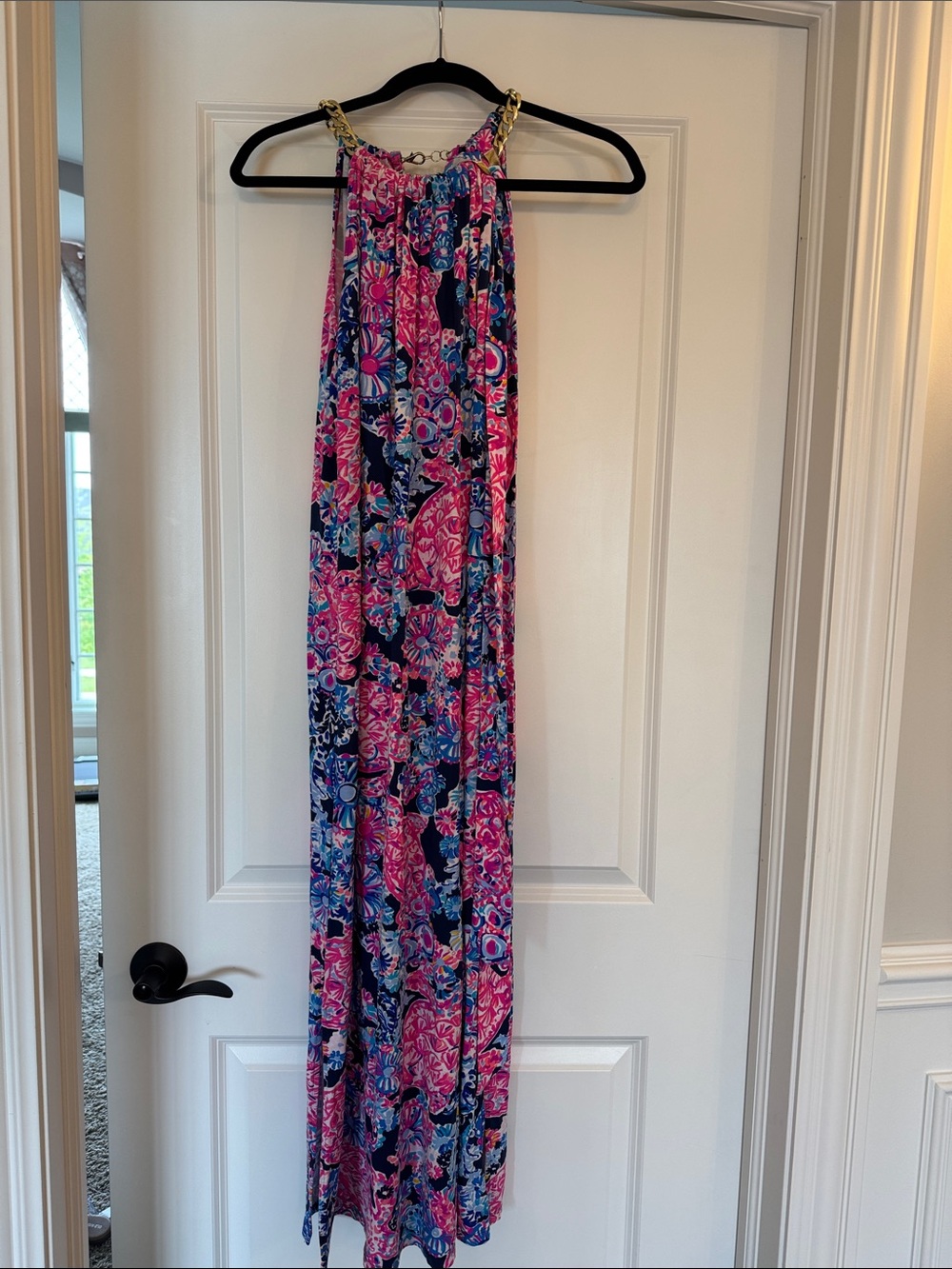 Lilly Pulitzer Bright Floral Halter Maxi Dress with Chain Detail